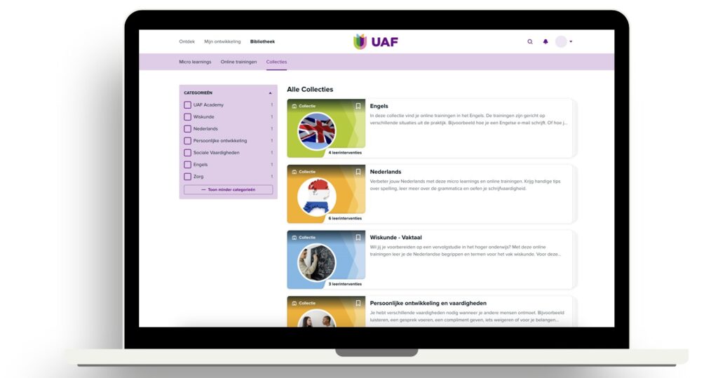 Overzicht van online trainingen op de UAF Academy voor Members
